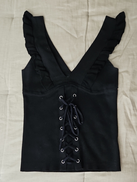 Express Tops - Express Black Ruffle Lace-Up V-Neck Tank
